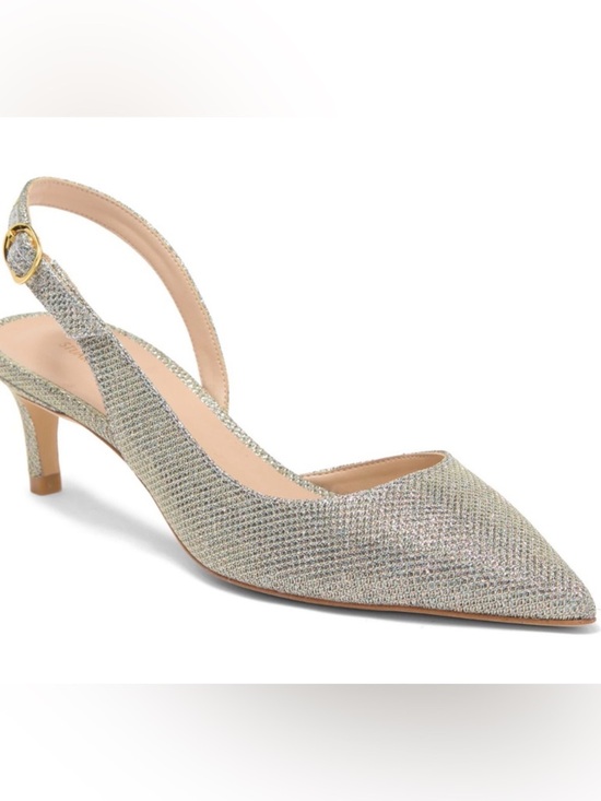 Stuart Weitzman Shoes - Stuart Weitzman Silver Glitter Slingback Pointed Toe Kitten Heel | Size 7